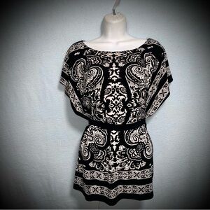 Womens Small Wrapper Black White Paisley Tie Waist Tunic Top